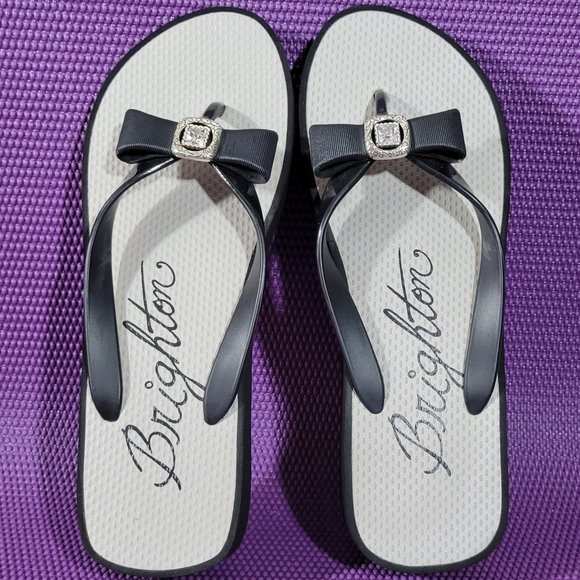 Brighton | Shoes | Brighton Bow Rhinestone Blackgrey Thong Flipflop Sandals  Size 9 | Poshmark